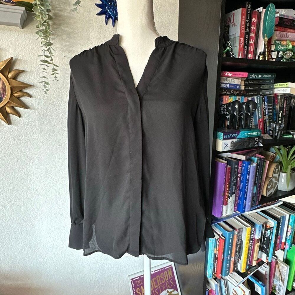 Mango Basics Size 4 Black Sheer blouse Button up longe sleeve